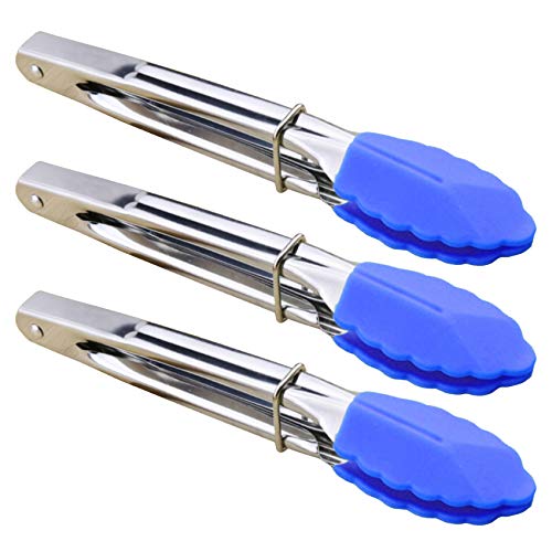 HINMAY Small Tongs with Silicone Tips 7-Inch Serving Tongs, Set of 3 (Blue) - color: Blue