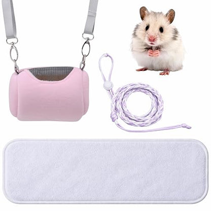 Dwarf Hamster Carrier Backpack Travel Bag, Dwarf Hamster Carry Pouch With Liner And Adjustable Lightweight Tether, Breathable Soft Outgoing Sleeping Travel Bag For Small Pets Squirrels Reptiles (Pink)