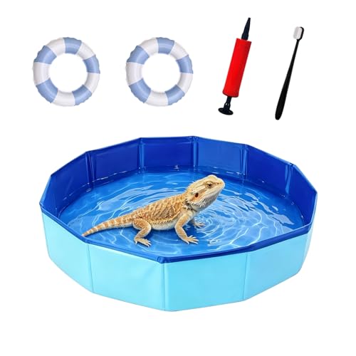 Foldable Bearded Dragon Bathtub with 2Pcs Reptile Mini Swimming Rings & Pump and 1Pcs Soft Brush, Bearded Dragon Accessories, Small Pet Bath Accessories (Blue) - color: Blue