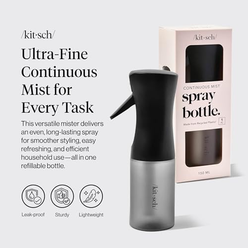 Kitsch Continuous Spray Bottle for Hair – Black, 150ml | Fine Mister Spray Bottle & Water Spray Bottle – Recycled Hair Spray Bottle – Spray Bottles for Cleaning, Styling, & More - color: Black