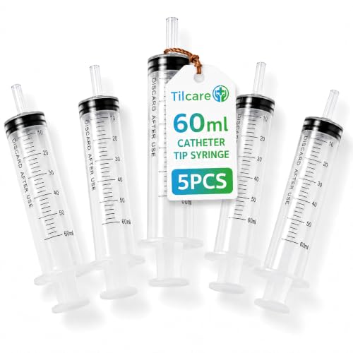 60ml Catheter Tip Syringe with Covers 5 Pack by Tilcare - Sterile Plastic Medicine Food Droppers for Children, Pets or Adults – Latex-Free Oral Medication Dispenser - Large Feeding Tube Syringes