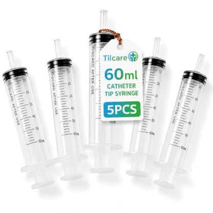 60ml Catheter Tip Syringe with Covers 5 Pack by Tilcare - Sterile Plastic Medicine Food Droppers for Children, Pets or Adults – Latex-Free Oral Medication Dispenser - Large Feeding Tube Syringes