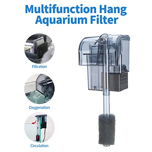 Aquarium Hang On Filter with Activated Carbon | Waterfall flow boosts oxygen, Wall-mounted space saver,5-10 Gal Ideal for small freshwater fish tanks