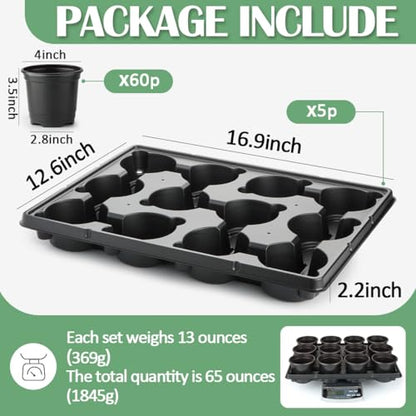 RooTrimmer 4 Inch Plastic Plant Pots 60 Pcs and 12 Cell Nursery Pots Trays 5 Pcs, Thick Sturdy Seeds Starting Germination Shuttle Carrying Trays, Black Small Planter Nursery Propagation 5 Sets - color: Black + Black, size: 4 Inch 60 Pack Pots With 5 Pack