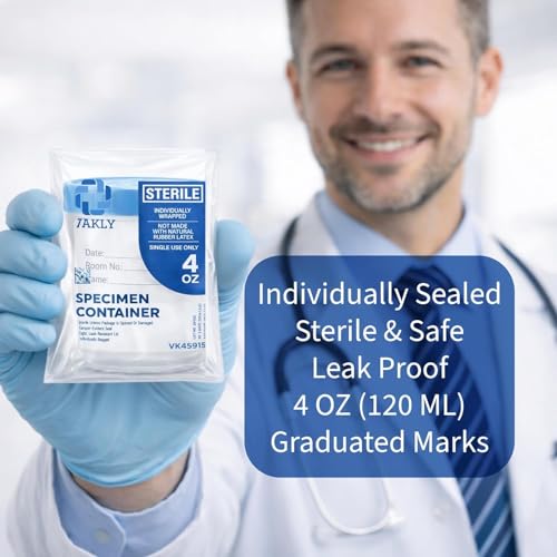 Vakly Sterile 4 oz Specimen Cups with Leak-Proof Lids for Lab Testing, 5 PK | Individually bagged, clear polypropylene, graduated volume markings, urine, stool and specimen collection with ID label