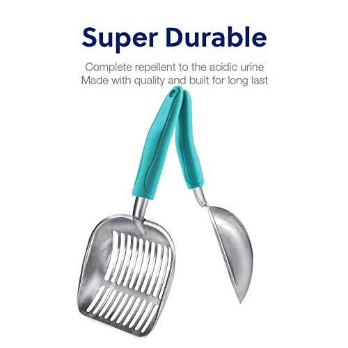 Cat Litter Scoop, Aluminum Alloy Sifter, Kitty Metal Scooper, Deep Shovel, Long Handle, Poop Sifting, Kitten Pooper Lifter, Durable, Heavy Duty, for Litter Box - color: FLAT Aluminum \ #02 Turkish Blue Handle, size: Large