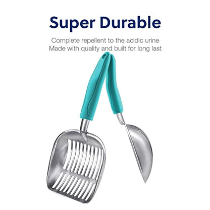 Cat Litter Scoop, Aluminum Alloy Sifter, Kitty Metal Scooper, Deep Shovel, Long Handle, Poop Sifting, Kitten Pooper Lifter, Durable, Heavy Duty, for Litter Box - color: FLAT Aluminum \ #02 Turkish Blue Handle, size: Large
