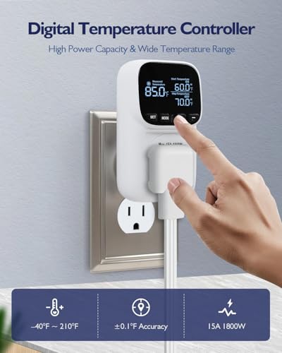 Digital Temperature Controller, Heating Cooling Thermostat Outlet | –40℉~210℉, Heavy Duty 15A 1800W Plug in Thermostat with LCD Display, Temperature Controlled Outlet for Homebrew Greenhouse - style: White