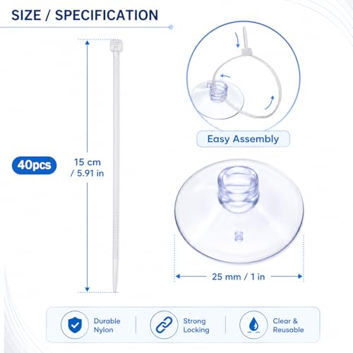 JJUNW 40 Pcs Aquarium Suction Cups, Fish Tank Suction Cups with Zip Ties | Adjustable Cables Set Fish Tank Tools for Holding Airline Tubing Decorations Shrimp Nests and Reptile Hammocks