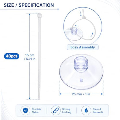 JJUNW 40 Pcs Aquarium Suction Cups, Fish Tank Suction Cups with Zip Ties | Adjustable Cables Set Fish Tank Tools for Holding Airline Tubing Decorations Shrimp Nests and Reptile Hammocks