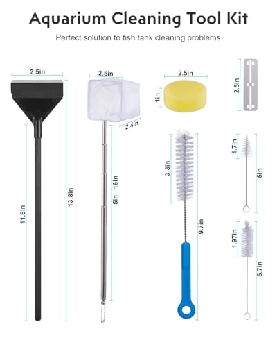 URUQ 7-in-1 Fish Tank Cleaning Kit with Algae Scraper & Aquarium Brushes | Includes Fish Net, Sponge, Spare Blades, Multiple Tools for Easy Routine Tank Maintenance
