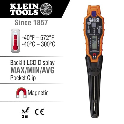 Klein Tools ET10 Magnetic Digital Pocket Thermometer, HVAC Instant Read Thermometer with Backlit Display, Wide Measurement Range, Fahrenheit and Celsius - style: Magnetic Digital