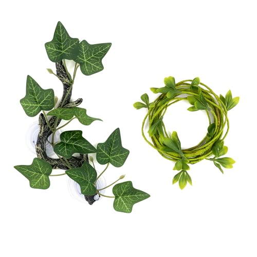 Reptile Climbing Vine 2-Pack – Resin Driftwood with Suction Cups & Bendy Ivy (Medium-Large 10") for Terrariums, Geckos, Lizards, Snakes, and Reptile Habitats (Classic Ivy) - color: Classic Ivy