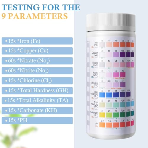 9 in 1 Aquarium Test Strips, 120 Count Fish Tank Water Testing Kit for Freshwater Saltwater Pond, Testing: Fe, Cu, Nitrate, Nitrite, Chlorine, GH, Alkalinity, Carbonate, PH