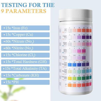 9 in 1 Aquarium Test Strips, 120 Count Fish Tank Water Testing Kit for Freshwater Saltwater Pond, Testing: Fe, Cu, Nitrate, Nitrite, Chlorine, GH, Alkalinity, Carbonate, PH