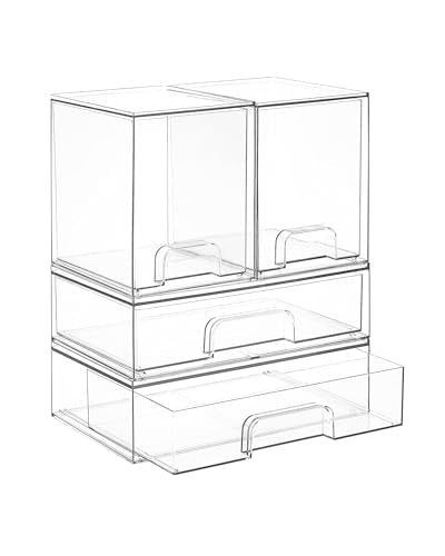 Vtopmart Clear Stackable Storage Drawers Set of 4, Plastic Organizer Bins for Makeup, Cosmetics, Beauty Supplies,Ideal for Vanity, Bathroom,Cabinet,Pantry Organization - style: 2 High+2 Wide