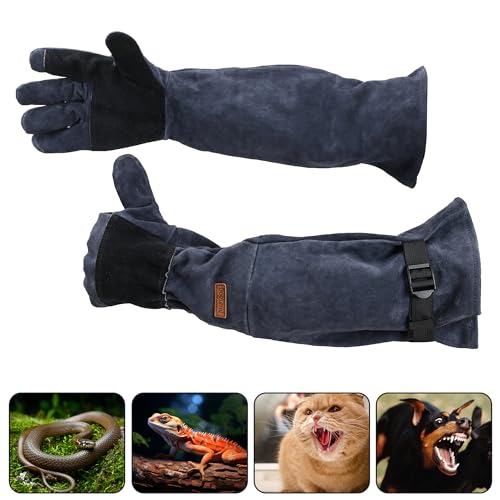 Small Animal Care Gloves - 23.6 inch Leather Reinforced Gloves | Adjustable Straps Suitable for Grabbing Cat Reptile Puppy Bird Poultry or Gardening Welding (Grasping Small Animals)