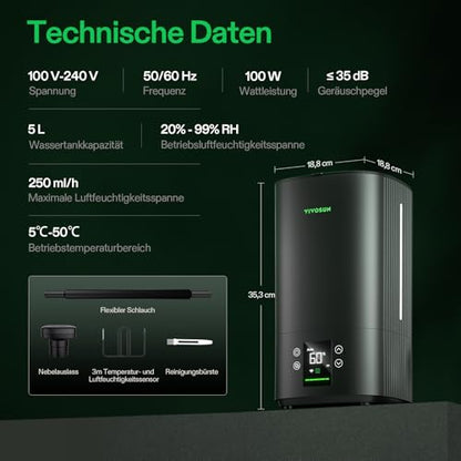 VIVOSUN AeroStream H05 1.32 Gal Smart WiFi Humidifier with Humidity Probe | VPD Control, Smart Auto Humidity Adjustment, 5L Large Capacity, Grow System Compatible, Designed for Growers - size: 5 L