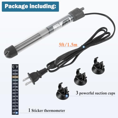 HITOP 100W Adjustable Aquarium Heater, Submersible Fish Tank Heater Thermostat with Suction Cups for 12-30Gal - size: 8.8in-100w