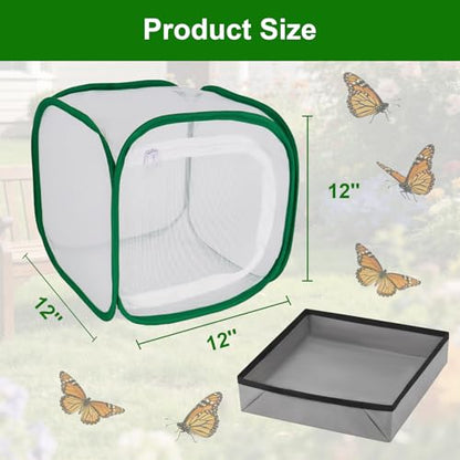 Butterfly Habitat Cage 12" x 12" x 12", Pop-up Butterfly & Insect Habitat Enclosure with Poop Tray for Easy to Clean, Small Foldable & Reusable Caterpillars Mesh Cage Terrarium for Indoor Use. - size: 12" x 12" x 12"