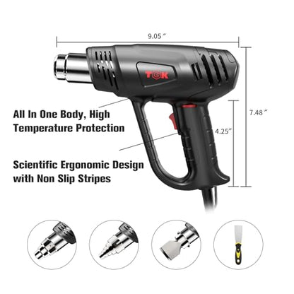 Heat Gun, TGK® 1800W Heavy Duty Hot Air Gun Kit 122℉~1202℉ Dual Temperature Settings with 3 Nozzle Attachments Overload Protection for Crafts, Shrink Wrapping/Tubing, Paint Removing, Epoxy Resin - color: Black