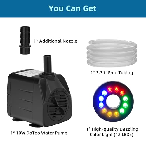 DaToo Mini Submersible Fountain Water Pump With LED Light 160GPH 10W Small Ultra Quiet Water Pump With Tubing For Aquarium Fish Tank Outdoor Pond Water Feature Fountain Statuary - size: 160GPH 10W(12 LED)