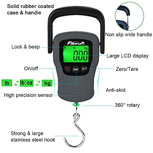 Digital Fish Scale, Electronic Hanging Fish Weight Scale with Large Handle & Measuring Tape, 110lb/50kg Fishing Scale, 3 AAA Batteries Included, Fishing Gifts for Men