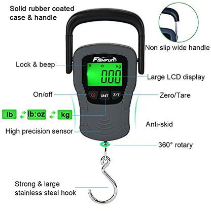 Digital Fish Scale, Electronic Hanging Fish Weight Scale with Large Handle & Measuring Tape, 110lb/50kg Fishing Scale, 3 AAA Batteries Included, Fishing Gifts for Men