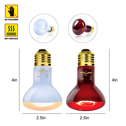 REPTI ZOO 75W Reptile Heat Lamp Combo Pack, 2PCS Day & Night Basking Spot Light, UVA Daylight Heating Lamp Basking Bulb and Infrared Heat Emitter Red Heat Lamp