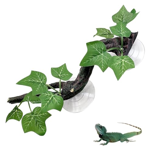 PINVNBY Reptile Corner Branch Resin Climb Tree Branch Decor with Leaves Terrarium Plant Decoration with Suction Cup Gecko Plant Ornament for Amphibian Lizard Snake Climbing (1 Pcs)
