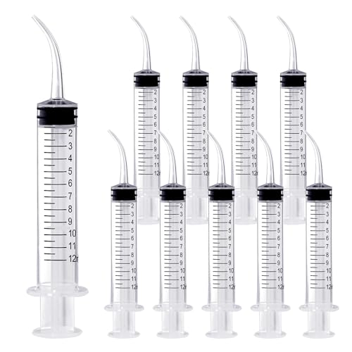 Wisdom Teeth Syringe,12ml Dental Irrigation Syringe (10 Pack) | Curved Tip & Measurement, Sterile Individually Package for Oral Dental Care, Tonsil Stones Removing, Lab, Liquid, Feeding - style: Curved Tip 10 Pack