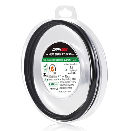 Chanzon 2:1 Ratio 1/32" (0.8mm) Heat Shrink Tubing 8Ft Roll Black | Polyolefin Sleeving 2.5M Roll, for Automotive Wire Repair, Marine, RC Hobby & Electronic Insulation, 1pcs - color: Black, size: 0.8mm (1/32") - 8FT