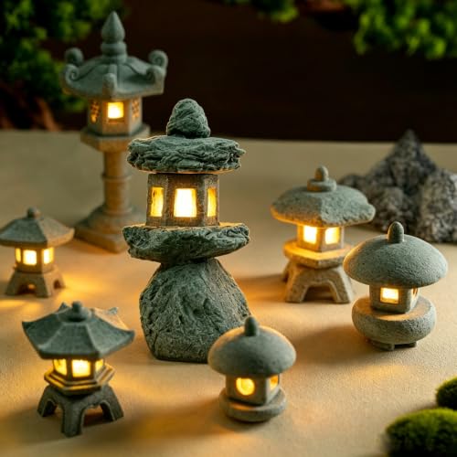 Japanese Pagoda LED Lamp Statue Figurine, Small Pagoda Lantern with Warm LED Light, Zen Garden Decor, Japanese Decor for Home, Desk, Bonsai, Terrarium, Aquarium Ornament - style: Style M