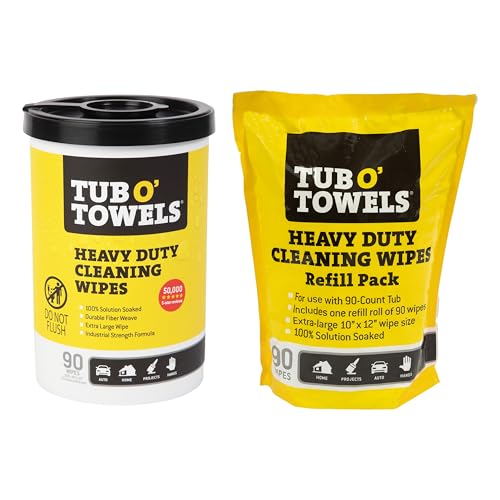 Tub O' Towels Heavy Duty, 10" x 12", Multi-Surface Cleaning Wipes, 90-Count Canister & Refill Pack, White - style: 90 Towel Can & 90 Towel Refill