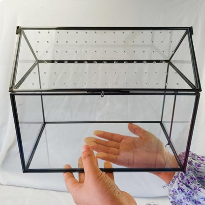 Geometric Glass Terrarium with Acrylic Lid, House Shape Black Terrarium with Breathing Holes for Snails, Succulent, Cacti, Air Plants, 10.3x8.3x5.9 inch (Terrarium Only)
