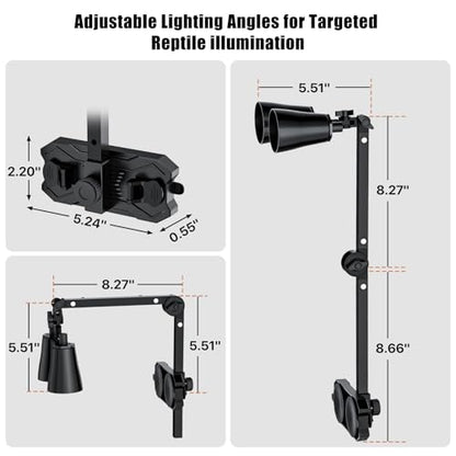 Dual Reptile Lamp Stand with Suction Cups, Adjustable Bracket for Terrariums, Dual‑Head Heat & Basking Lamp Holder with Ceramic Sockets and Separate Switches - size: Vertical Pole Style