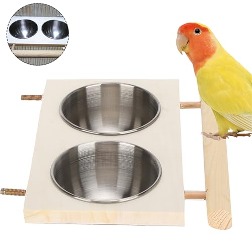 Bird Food Stainless Steel Cups, Parrots Feeding Dish Cups with Wooden Platform, Stainless Steel Food Water Feeder Cage Accessory with StandDouble Bowl