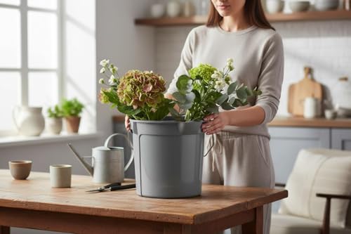 14 Qt Round Plastic Bucket, Gray, with Metal Handle, Pour Spout, for Cleaning and Gardening