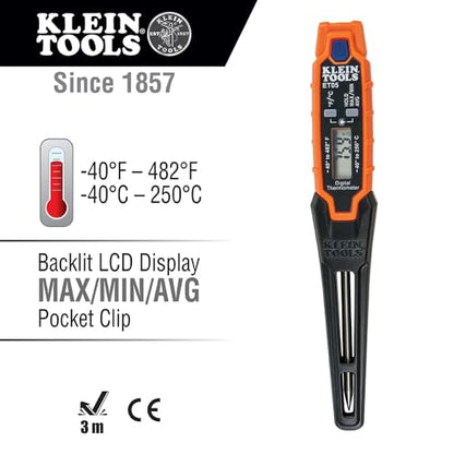 Klein Tools ET05 Digital Pocket Thermometer, HVAC Instant Read Thermometer with Backlit Display, Wide Measurement Range, Fahrenheit and Celsius - style: Digital