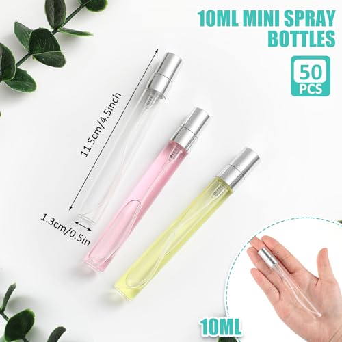 Zhehao 50 Pcs Mini Spray Bottles 10 ml Clear Glass Perfume Bottles Refillable Fine Mist Perfume Atomizer Portable Empty Sample Containers for Cleaning, Essential Oils, Travel (Silver Cap) - color: Silver Cap, size: 10 Ml