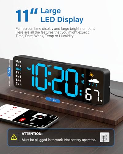 Digital Wall Clock, Digital Clock Large Display with Remote Control, Corded LED Alarm Clocks with Date, Week, Temp, Humidity, Auto DST, Countdown, for Living Room Bedroom Classroom Office (Blue) - color: Blue