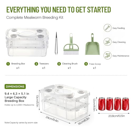 Large Mealworm Breeding Kit with Tweezers, Mealworm Breeder Box with Fine Mesh Sifter for Super Worms Crickets Dubia Roach Live Feeder Insects, Reptile Feeding Breeding Container