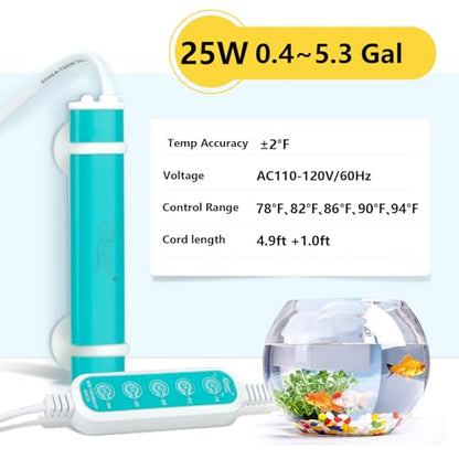 hygger Mini Submersible Aquarium Heater, Turtle and Betta Fish Tank Heater with Five-Key External Controller 78℉、82℉、86℉、90℉、94℉ for Freshwater Small Tank - size: 25W for 0.4~5.3Gal