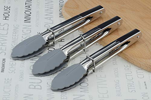 HINMAY 7 Inch Silicone Utility Tong Kitchen Tongs, Set of 3 (Gray) | 7 Inch Metal Salad Tongs - color: Gray