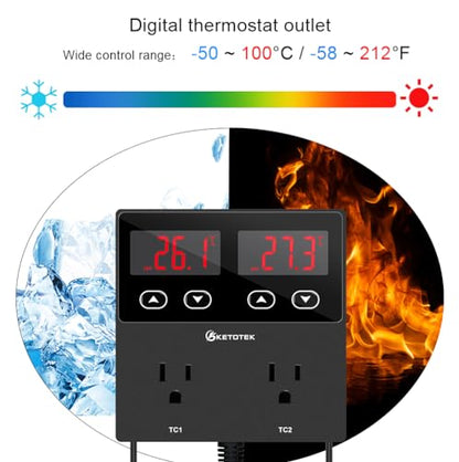 KETOTEK KT99pro Dual Digital Temperature Controller Outlet 10A Relay | Heating Coolling Thermostat Controlled Socket with Sensor for Reptile Brewing Fermentation Breeding Incubation Greenhouse
