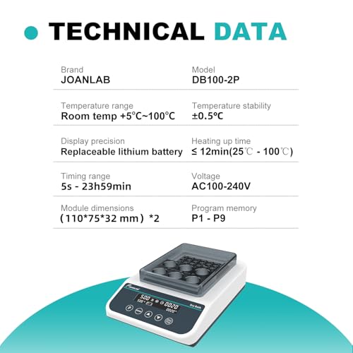 DB100-2P Dry Bath, 100℃ Programmable 1.5mlx96, 2mlx35 | Digital thermostatic block heater, heating, RT+5℃ to 100℃, 9 programs, timer, 1.5ml & 2ml block, for lab incubation - size: 1.5ml&2ml (Dual-Block)