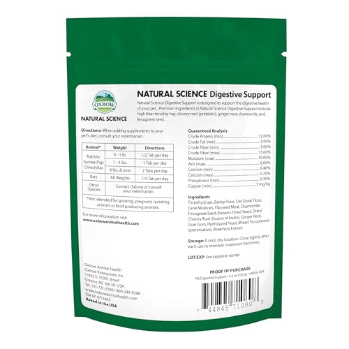 Oxbow Digestive Support Rabbit & Guinea Pig Supplement, Timothy Hay, 4.2 oz | Digestive Support, Timothy Hay, Rabbits, Guinea Pigs, Supplement, Chicory Root, Ginger Root, Chamomile, Healthy Digestion - size: 4.2 Ounce (Pack of 1)