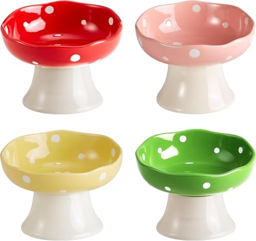 4PCS Multi-Color Mushroom Cat Bowl Set, Elevated Ceramic Bowls for Cats | Multi-Color, Cute, Elevated, Ceramic, Whisker Friendly, Anti Vomiting - color: Pink+Red+Yellow+Green
