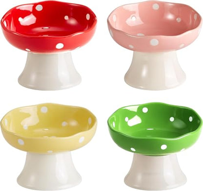 4PCS Multi-Color Mushroom Cat Bowl Set, Elevated Ceramic Bowls for Cats | Multi-Color, Cute, Elevated, Ceramic, Whisker Friendly, Anti Vomiting - color: Pink+Red+Yellow+Green