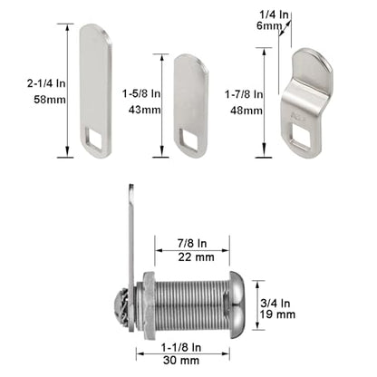 Cabinet Cam Locks Keyed Alike, 1-1/8” Cylinder Cam Locks for Tool Box RV Compartment Mailbox Vending Machine Drawer File Cabinet, Fits 7/8” Max Panel Thickness, Chrome Finish with 3 Cams and 2 Keys - size: 1-1/8 Inch